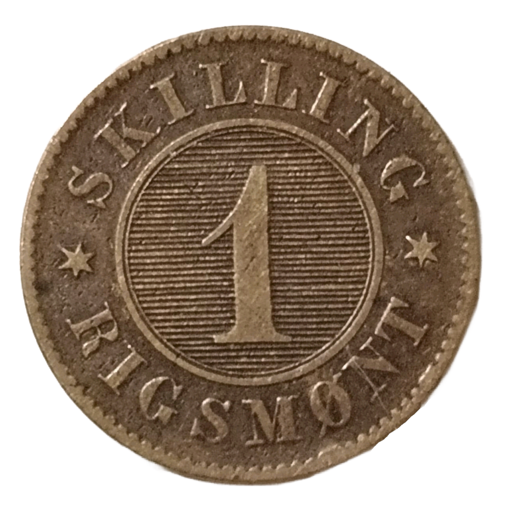 Монета Дании 1 скиллинг-ригсмёнт 1856 год