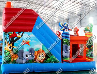 Коммерческий надувной батут "Звериный мир" с горкой и аркой, сетка на входе, 6*5*4 м