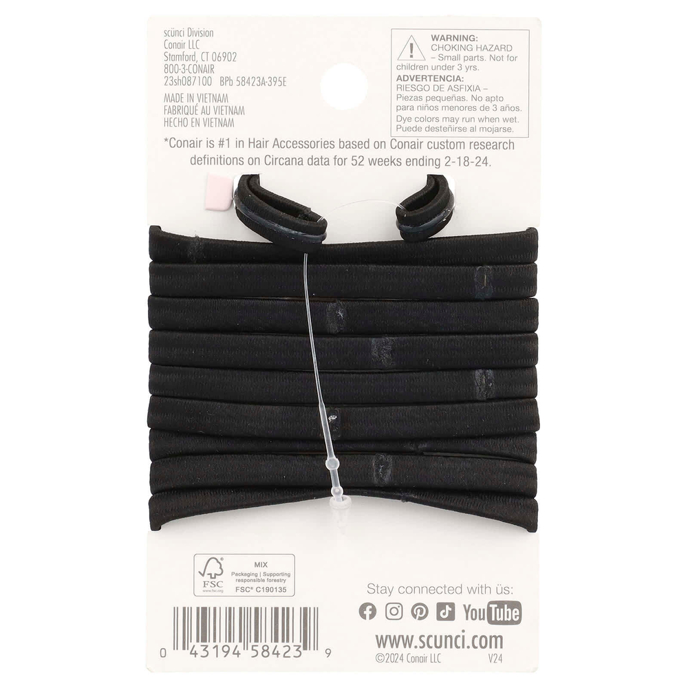 Scunci, Резинки для волос No Slip Grip, удобные, крепко удерживают волосы весь день, черные, 10 штук