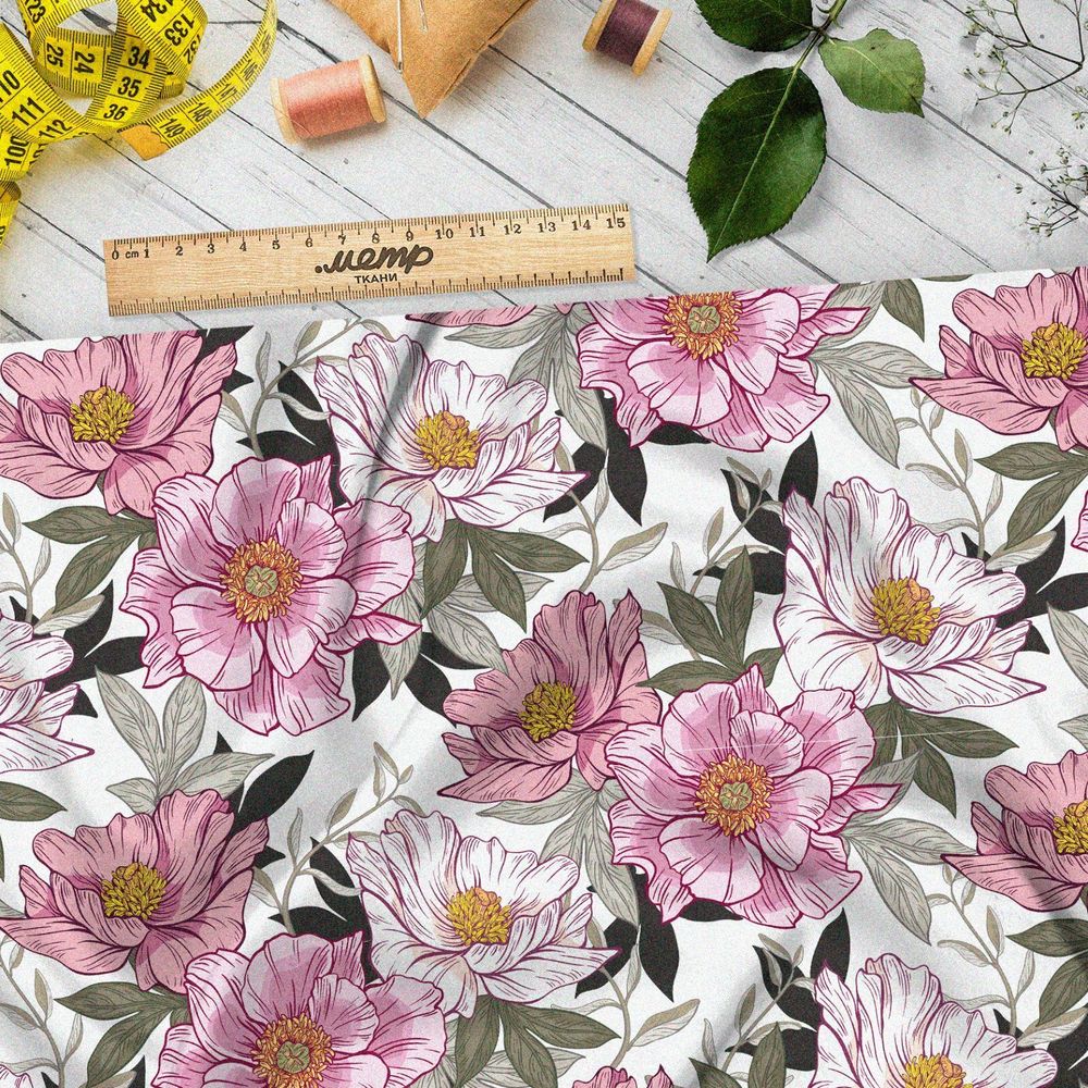 Ткань лен розовые цветы серые листья