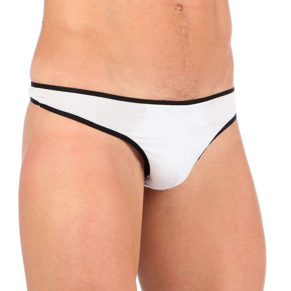 Мужские трусы стринги Van Baam белые с черной окантовкой