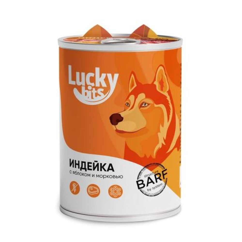 Влажный корм для собак Lucky bits с индейкой, яблоком и морковью, Банка 400 г
