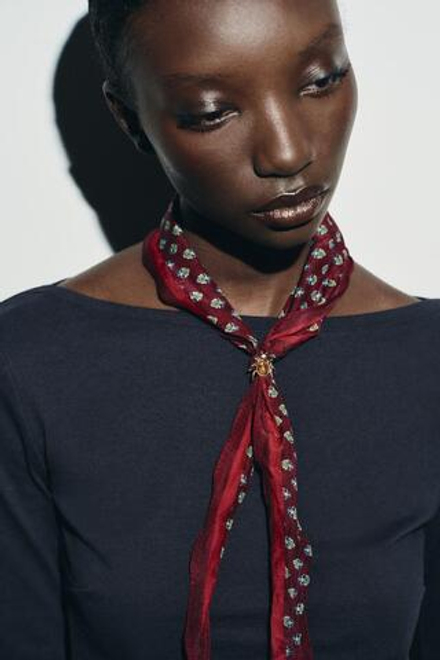 ZARA УЗОРЧАТАЯ БАНДАНА ИЗ ШЕЛКА С ПАУКОМ, БУРГУНДИ