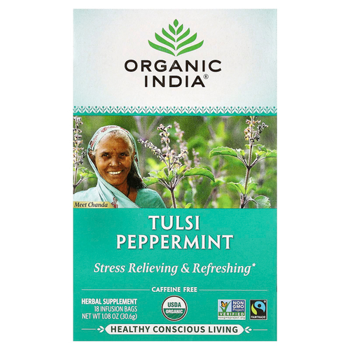 Organic India, чай тулси с перечной мятой, без кофеина, 18 пакетиков для заваривания, 30,6 г (1,08 унции)