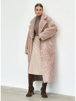 Шуба чебурашка длинная из овечьей шерсти, розово-бежевая, SilverFox