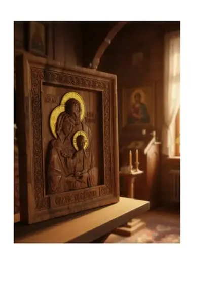 Освященная Икона - панно «Святое семейство» резная из дуба