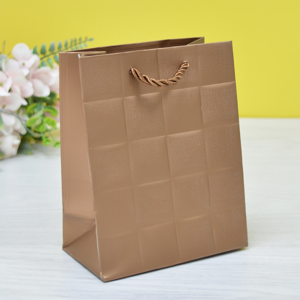 Пакет бумажный 12*15*7см с ручками "Квадраты" бронзовый