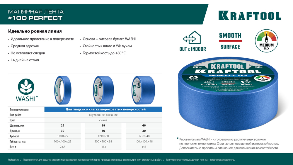 KRAFTOOL #100 Perfect 48 мм х 30 м, для гладких и шероховатых поверхностей, малярная лента (12101-48)