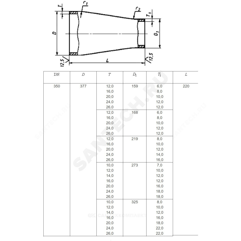 Переход сталь концентрический Дн 219х6,0-133х4,0 (Ду 200х125) бесшовный ГОСТ 17378-2001