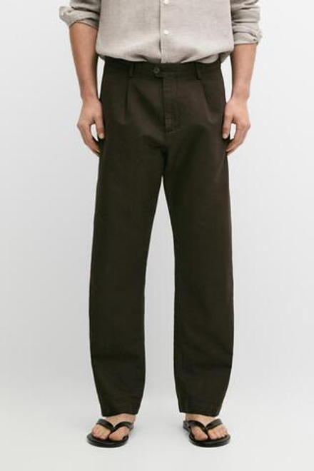 Massimo Dutti Прямые брюки из льна и хлопка с вытачками, коричневый