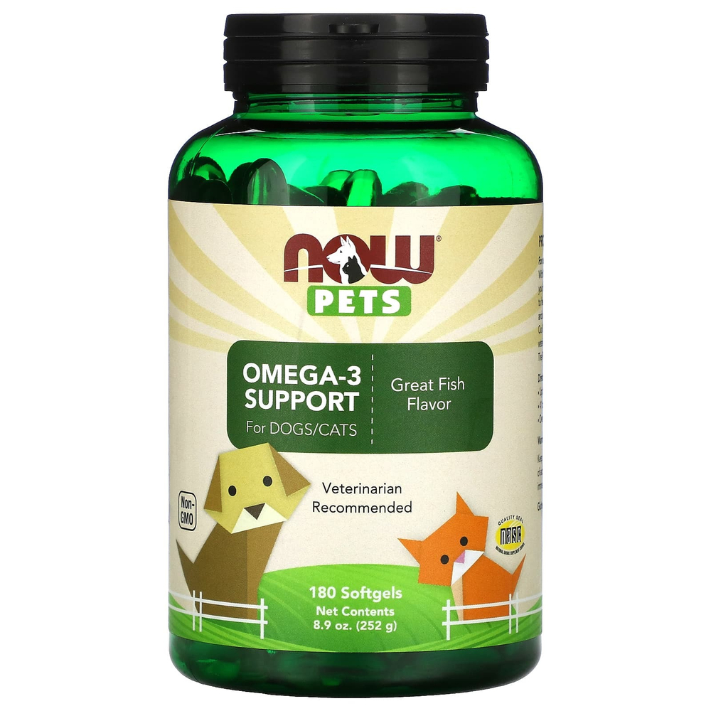 NOW Foods, Pets, омега-3 для собак и кошек, отличный рыбный вкус, 180 мягких таблеток, 252 г (8,9 унции)