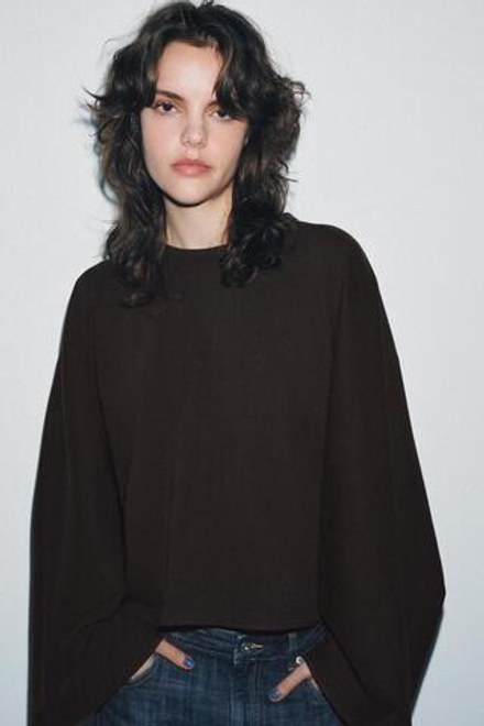 ZARA ФУТБОЛКА С РУКАВАМИ-КРЫЛЫШКАМИ, ШОКОЛАДНЫЙ