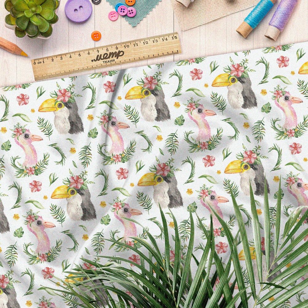 Ткань лен акварельные попугаи