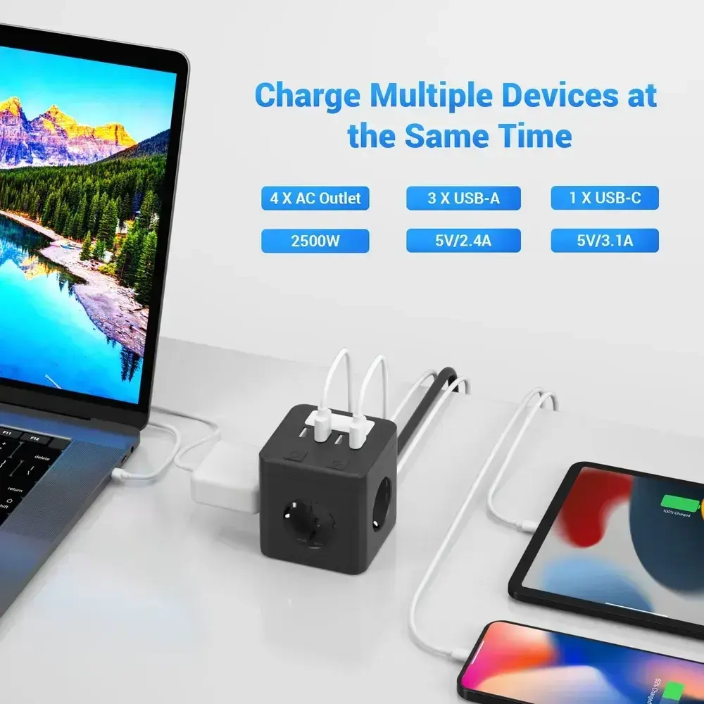 Удлинитель-тройник-ночник , с USB, Type-C PowerCube, 4 гнезда 220V, 3 USB 2400mA / 1 Type-C 3100mA, c заземлением, защитные шторки, 10 A/2500 Вт.