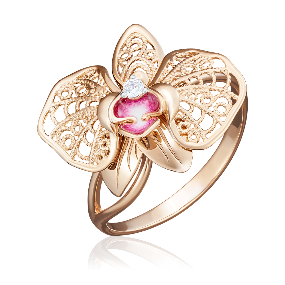 Кольцо «Орхидея» из красного золота с фианитом и эмалью