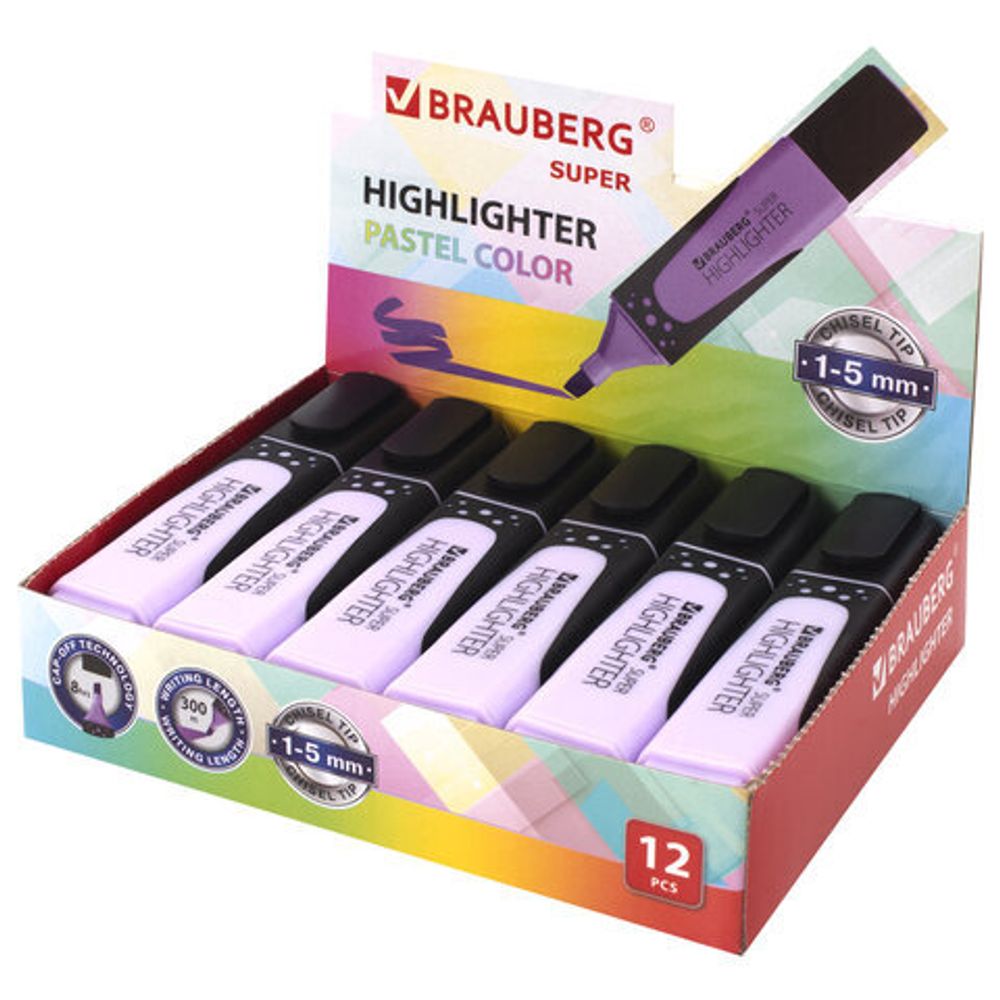 Текстовыделитель BRAUBERG "SUPER PASTEL", ЛАВАНДОВЫЙ, прорезиненный корпус, линия 1-5 мм, 151751
