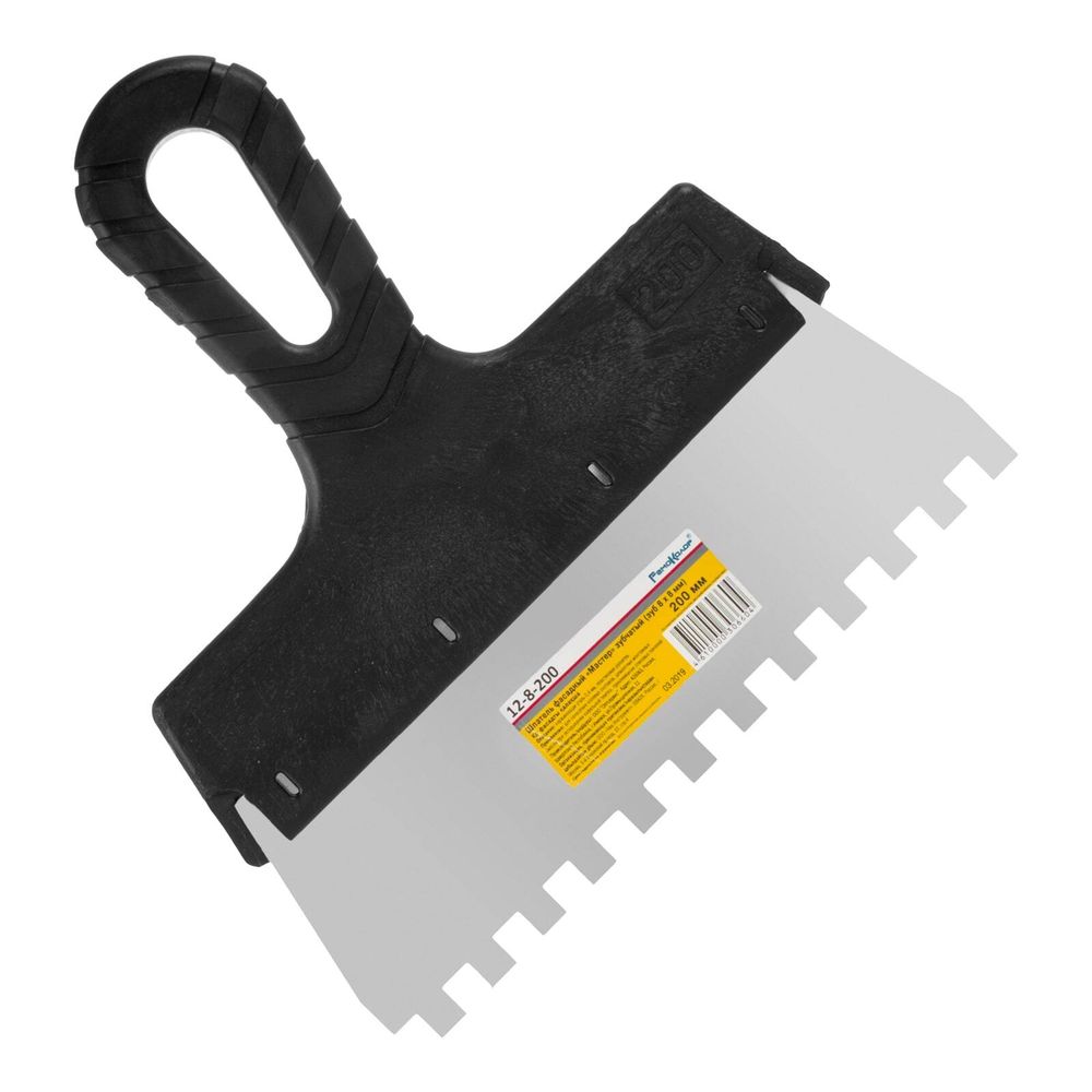 Шпатель фасадный "Мастер", зубчатый, нерж. сталь 0,4мм, пластик. рукоятка, 200мм, зуб 8х8мм, 12-8-200