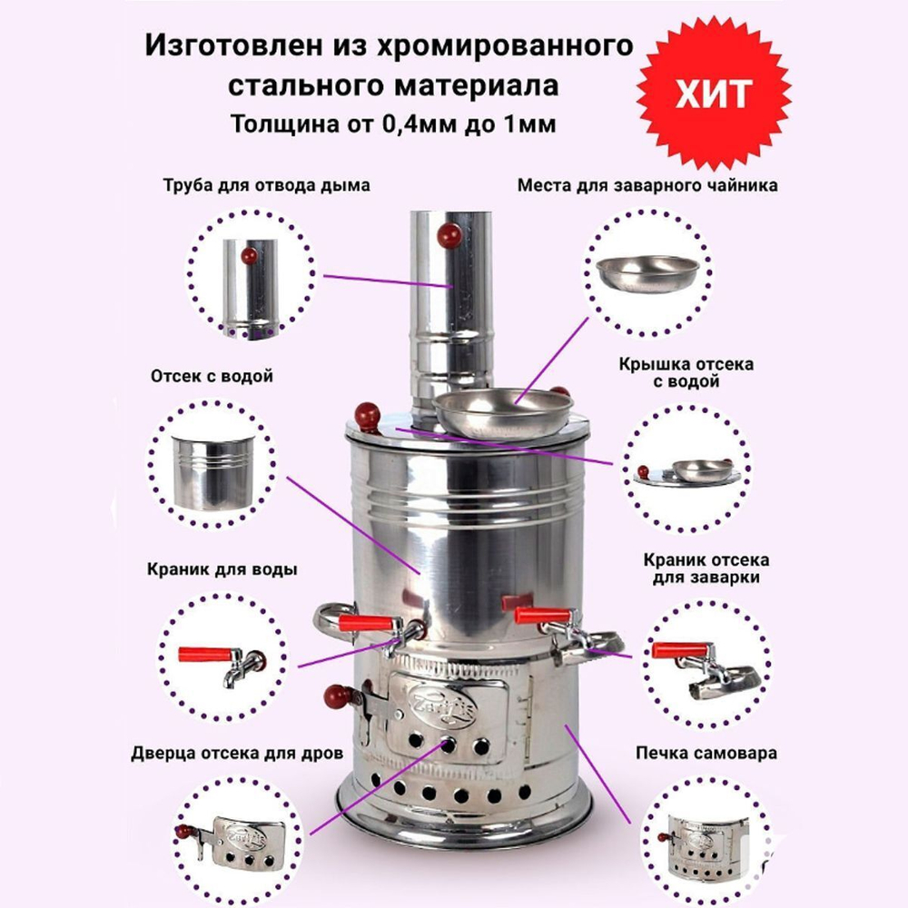Самовар разборный с отсеком для заварки(2 крана) Объём 5 литров.
