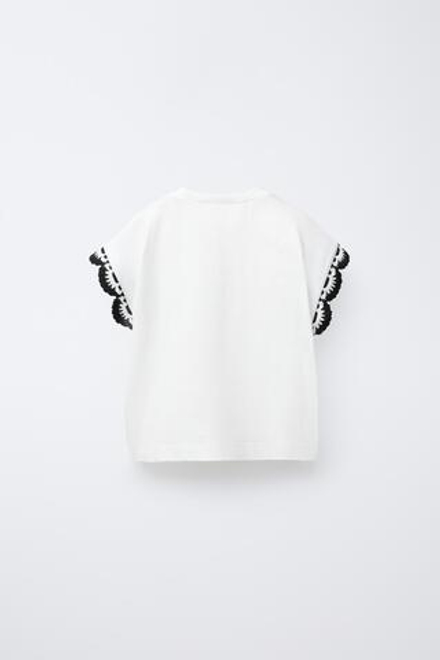 ZARA ФУТБОЛКА С РУКАВАМИ ИЗ КРУЖЕВА КРОШЕ, БЕЛЫЙ/ЧЕРНЫЙ