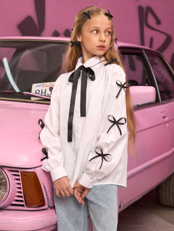 Рубашка для девочки белая с бантиками на рукавах