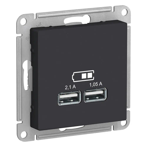 Atlas Desing USB Розетка A+A, 5В/2,1А, 2х5В/1,05А, механизм, Карбон