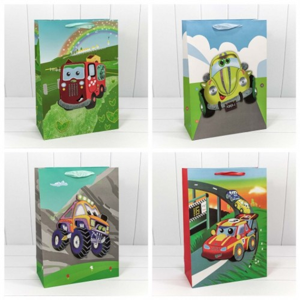 Пакет подарочный 32х45х15см "Машинка" с 3D аппликацией (Микс)