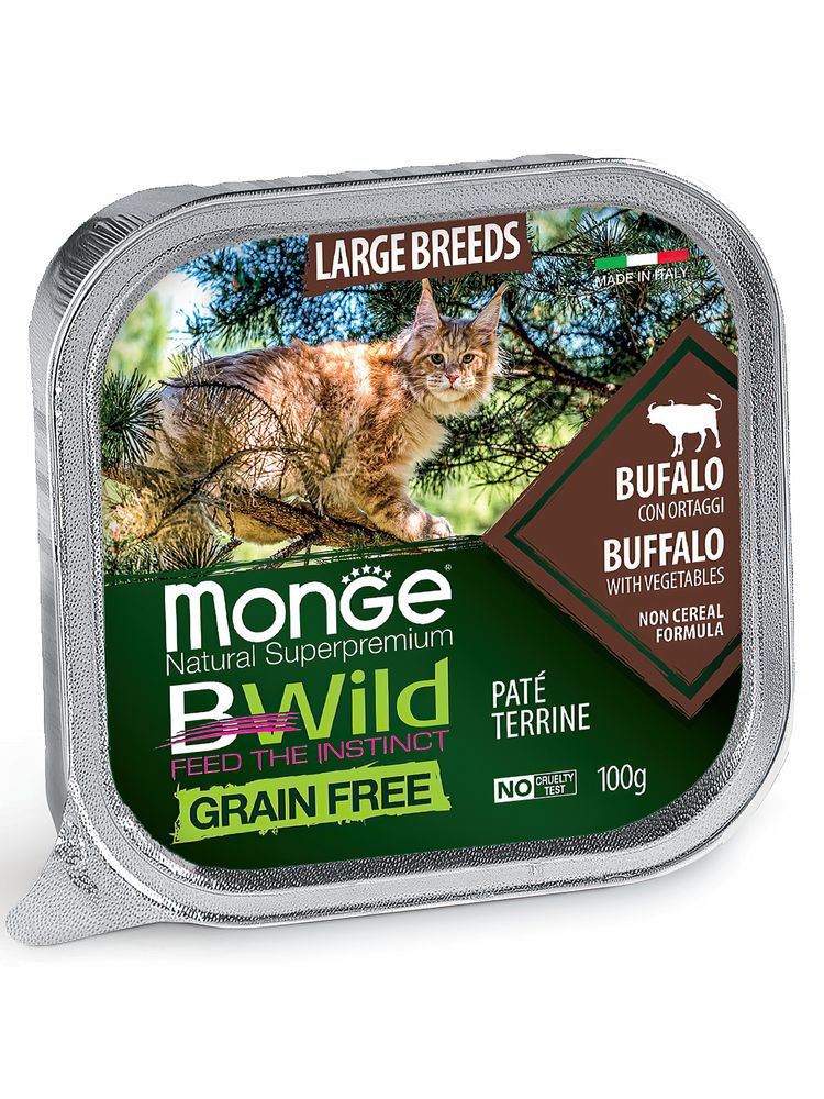 Влажный корм Monge Cat BWild GRAIN FREE для котят и крупных кошек, беззерновой, из буйвола с овощами 100 г