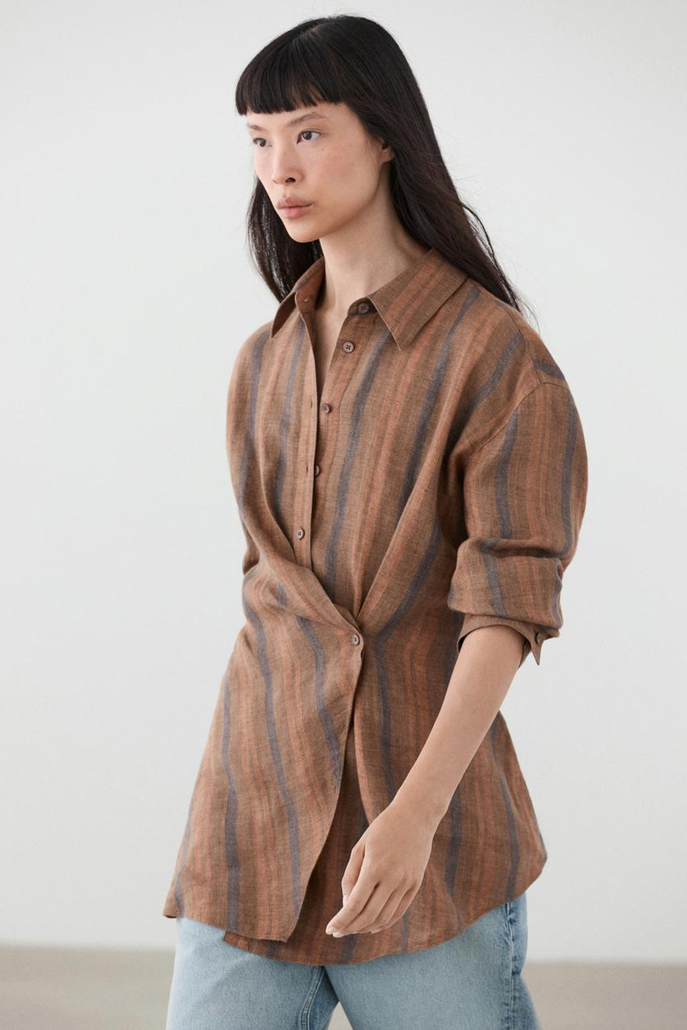 Massimo Dutti Рубашка из 100% льна в полоску с запахом, коричневый