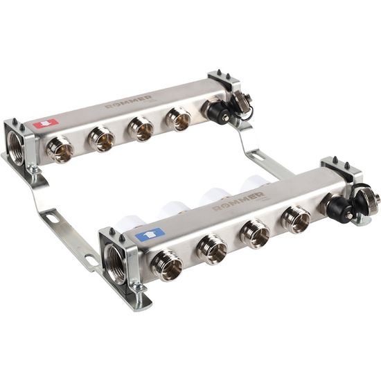 Коллектор Rommer 1"x3/4" на 4 контура с запорными клапанами (нерж. сталь) RMS-3201-000004