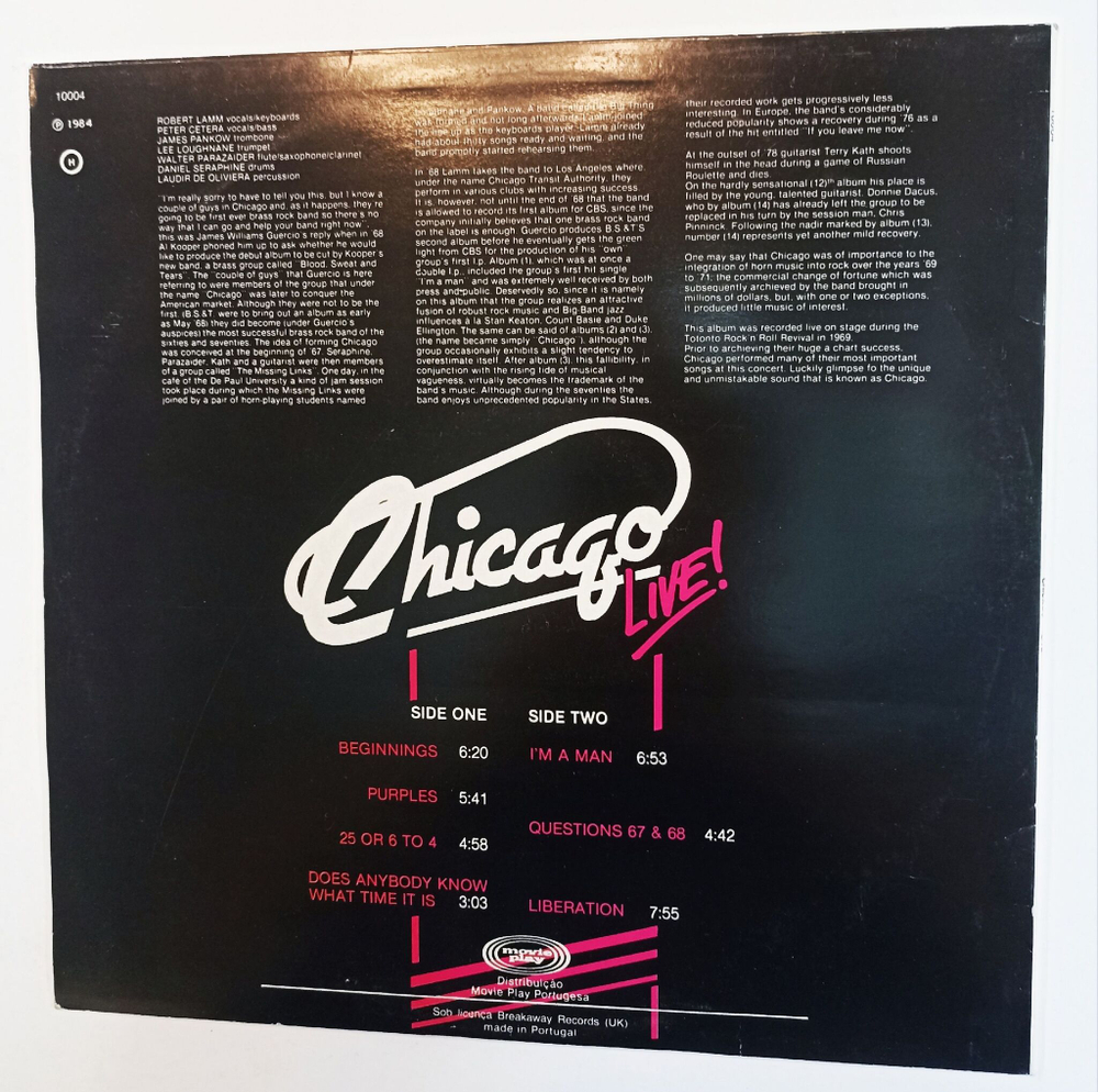 Винтажная виниловая пластинка LP Chicago Live (Portugal 1984)
