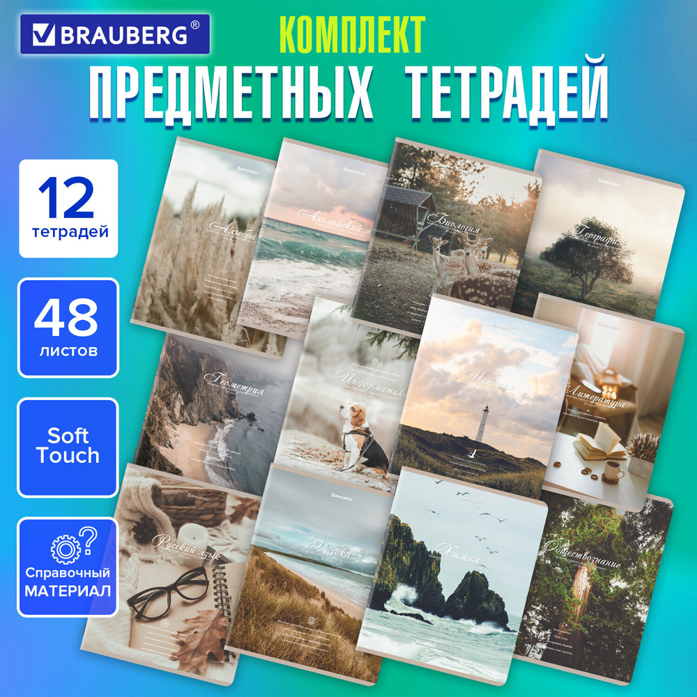 Тетради предметные комплект 12 ПРЕДМЕТОВ 48 л. SoftTouch BRAUBERG "ESTHETICS" (2 штуки в упаковке)