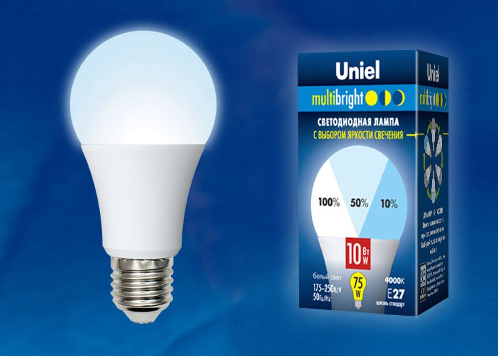LED-A60-10W/NW/E27/FR/MB PLM11WH Лампа светодиодная. Форма «А», матовая. Серия Multibright. Белый свет (4000K). 100-50-10. Картон. ТМ Uniel.