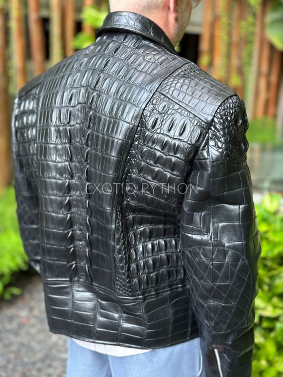 Мужская куртка из кожи крокодила черного цвета, косуха , мото куртка - JT-124