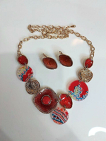Комплект бижутерии. Набор, колье с серьгам "Ника" в коралловом цвете
