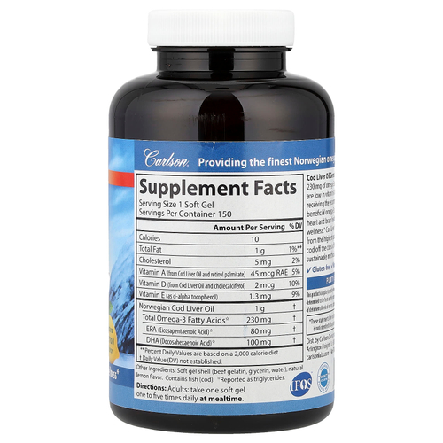 Carlson, Wild Norwegian, масло печени трески с драгоценными камнями, с низким содержанием витамина А, натуральный лимонный вкус, 230 мг, 150 мягких таблеток