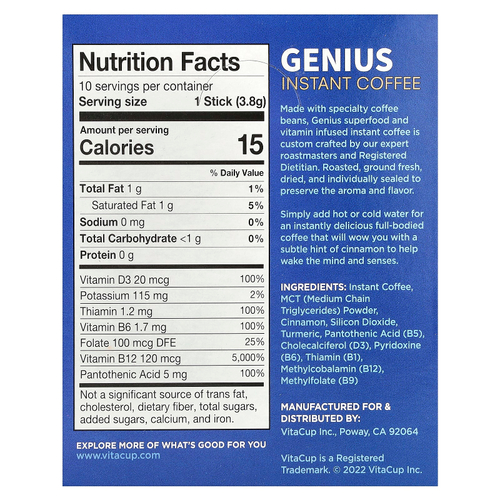 VitaCup, Растворимый кофе Genius, средней обжарки, 10 палочек для еды, по 3,8 г (0,13 унции)