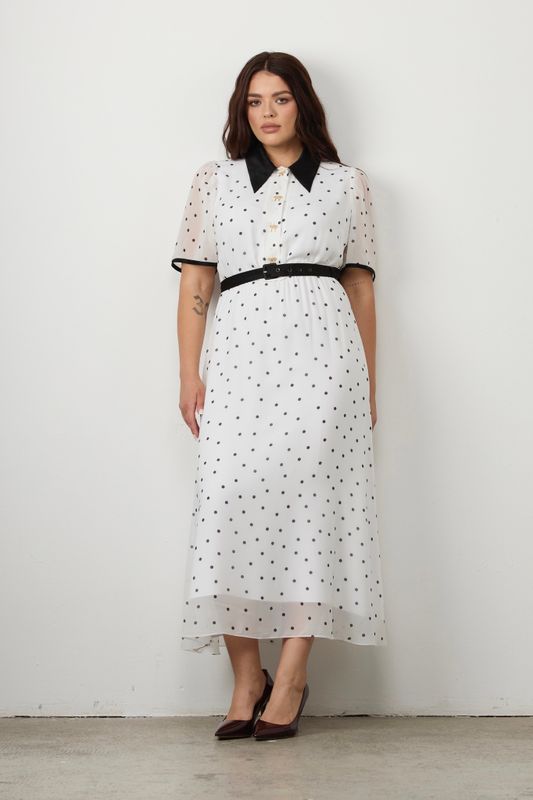 Платье из шифона с контрастными деталями, белое в черный горох
