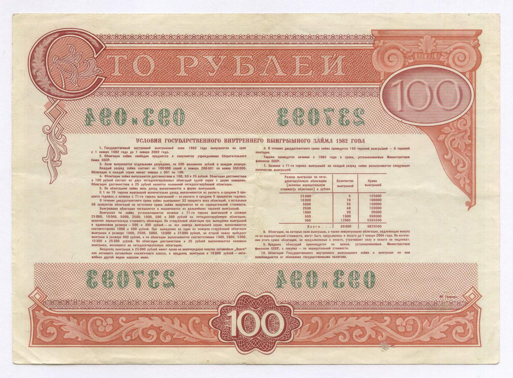 Облигации 100 и 50 рублей 1982 год. Серии №№ 237093 и 222461. VF, XF