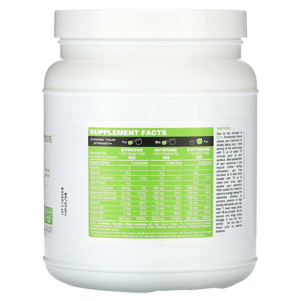 Metabolic Nutrition, ESP® Pre-Workout, зеленое яблоко, 300 г