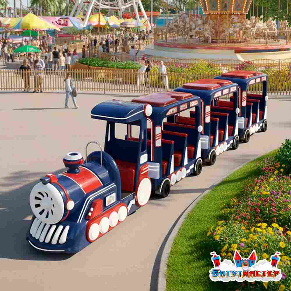 Детский поезд безресльсовый «Синий жужжик», 3 вагона, 19 мест, для ТРЦ