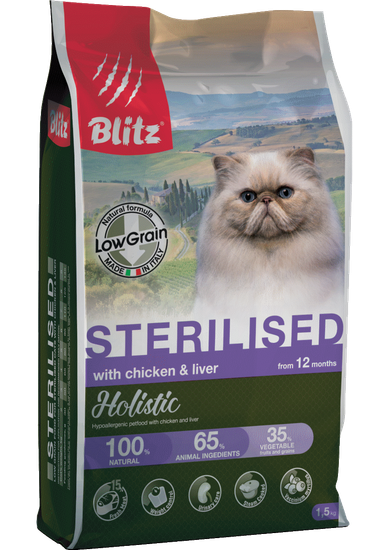 Blitz Holistic Sterilised Cat низкозерновой сухой корм для стерилизованных кошек с курицей и печенью