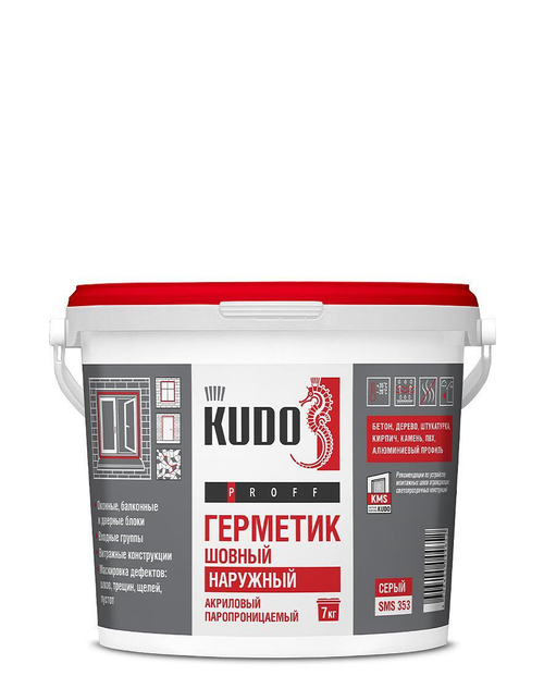 Герметик акриловый паропроницаемый шовный НАРУЖНЫЙ KUDO PROFF, 7 кг, SMS-353, серый