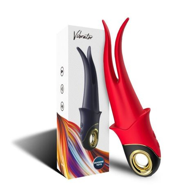 Красный стимулятор эрогенных зон с раздвоенным концом - 23,5 см. (Цвет: красный)