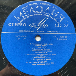 Винтажная виниловая пластинка LP П. И. Чайковский, Инна Малинина Шесть пьес, Соч. 51/ Три Pоманса Соч. 1873 г. (СССР 1975)