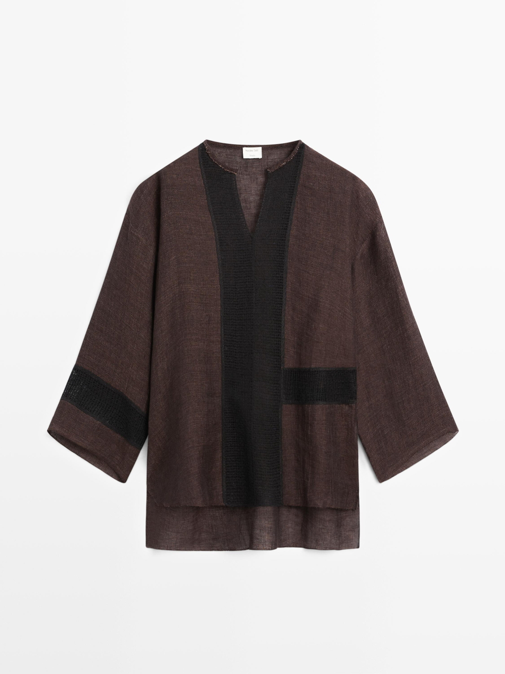 Massimo Dutti Блуза из струящейся смесового льна с кружевом, пестро-коричневый