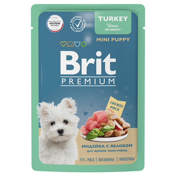 Влажный корм Brit Premium с индейкой и яблоком в соусе 85 г до 06.12.24 для щенков мини-пород