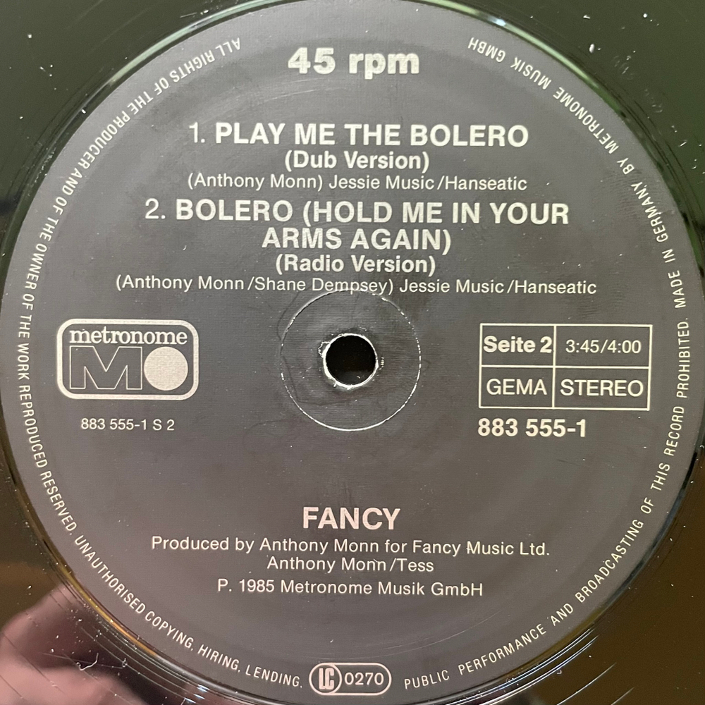 Fancy ‎– Bolero (Германия 1985г.) 12", 45 RPM