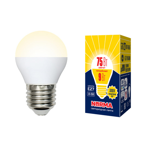 LED-G45-9W/WW/E27/FR/NR Лампа светодиодная. Форма шар, матовая. Серия Norma. Теплый белый свет (3000K). Картон. ТМ Volpe