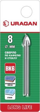 URAGAN 8 мм, 2х кромка, цилиндр хвостовик, Сверло по стеклу и кафелю (29830-08)