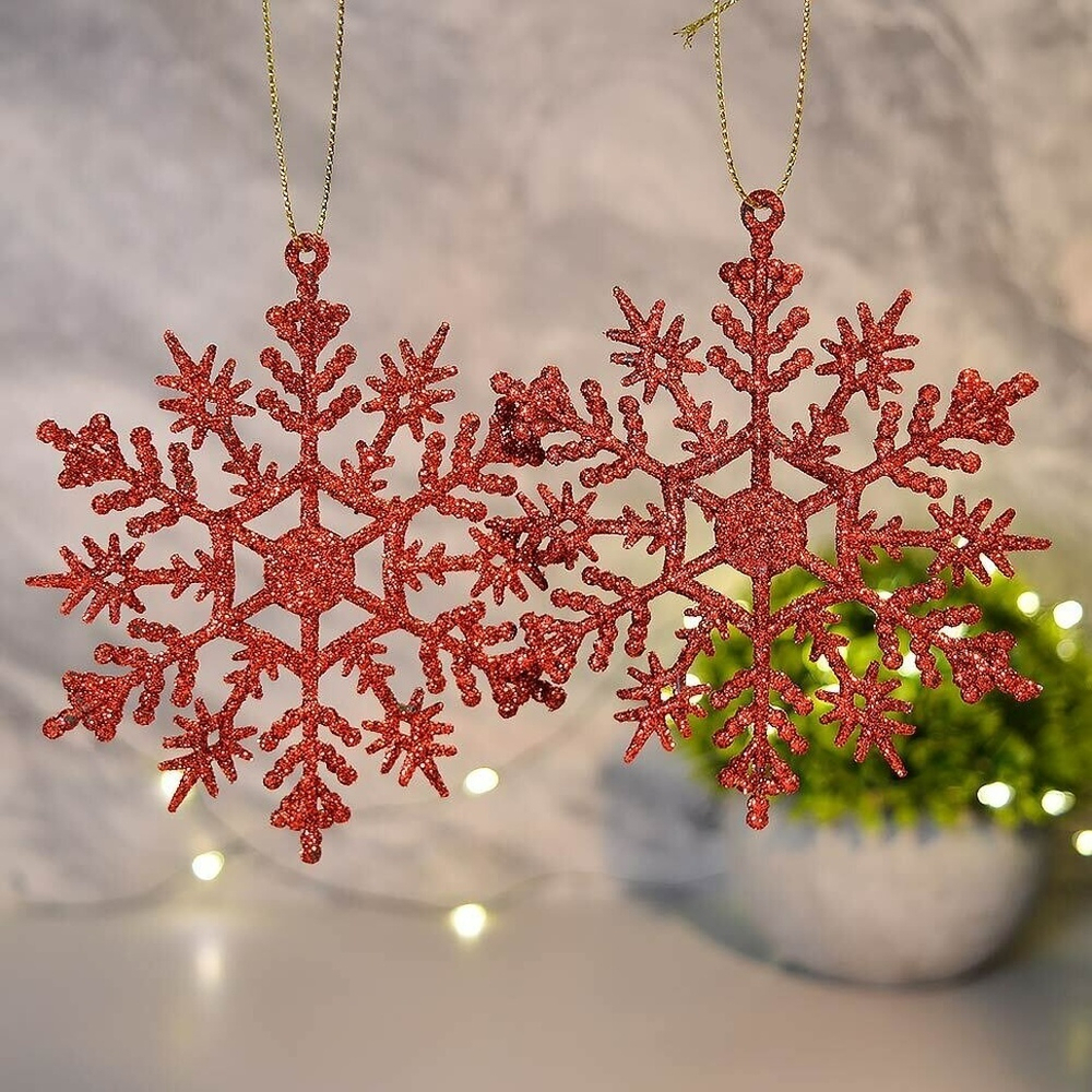 Подвеска "Зимние снежинки" 2шт 9,5см, красные блестки